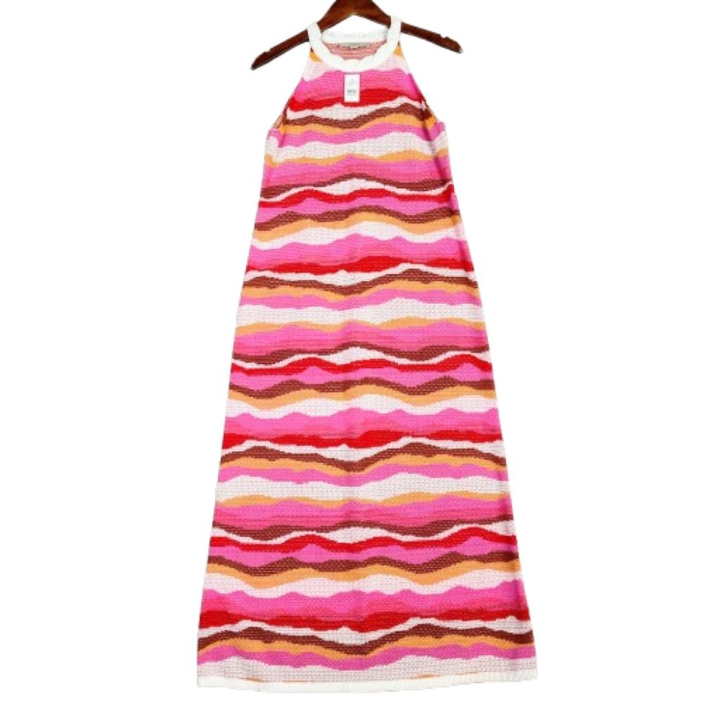 Loft Maxi Sweater Dress Women M Pink Multi Striped Knit Halter Neck Boho NWT